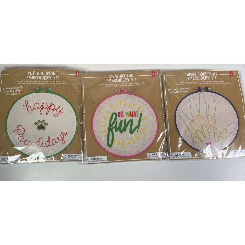 Embroidery Keepsake Kit 3-Pack Lot Hoop Canvas Floss Needle Brand New Family Pet
